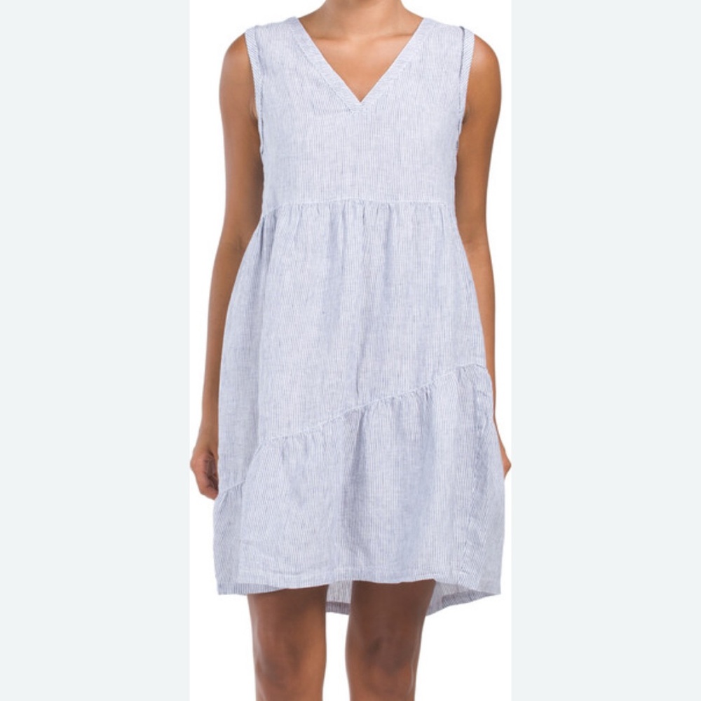Lucky Brand 100% Linen Striped Blue and White V Neck Tiered Dress Size Medium